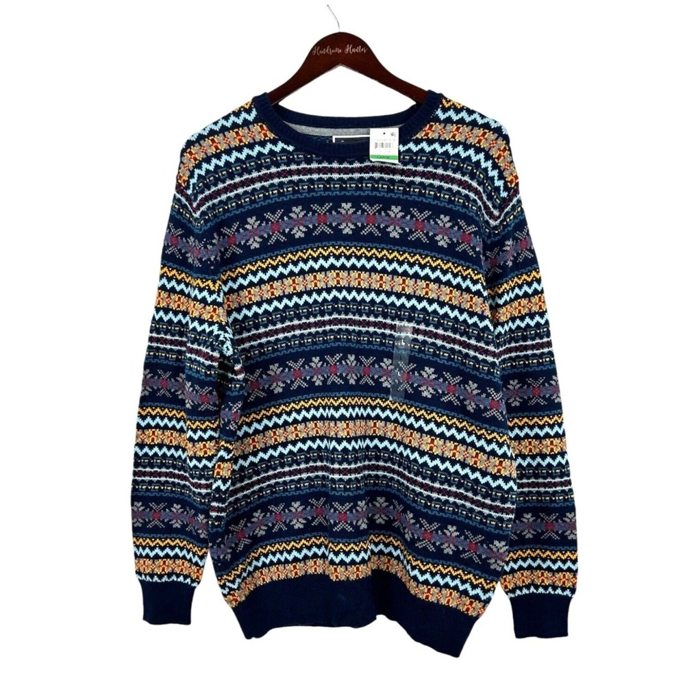 Club Room Fair Isle Crewneck Sweater Men's Large Blue Nordic Winter Knit‎ NWT